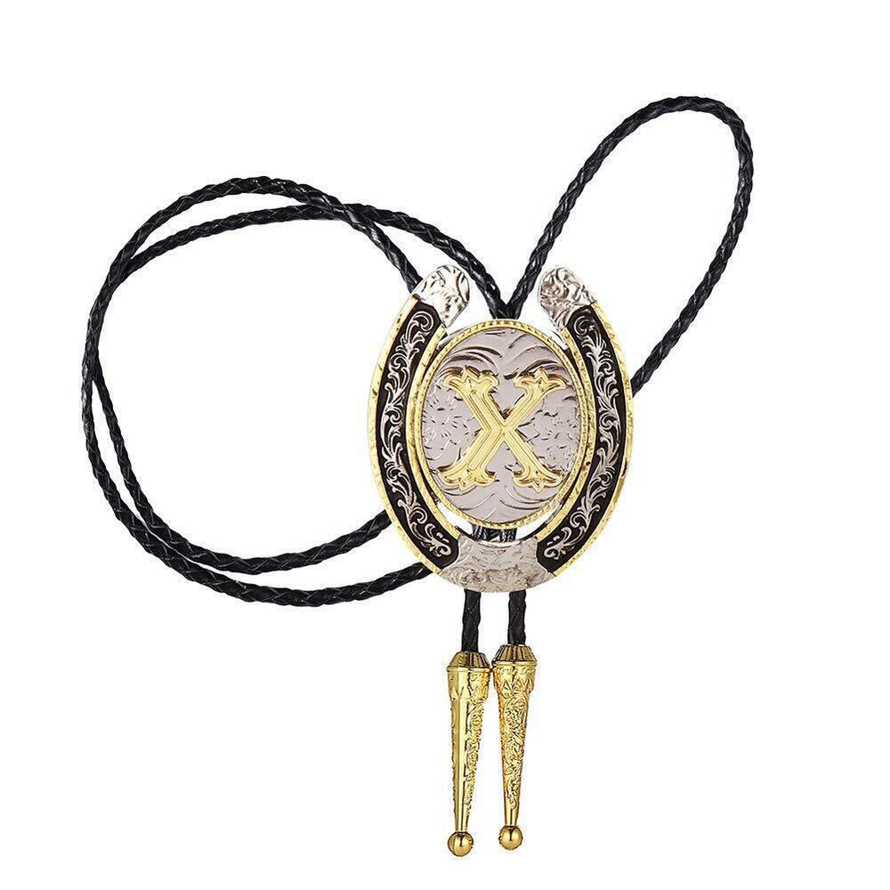 8211 Bolo Tie - Golden Initial Letter ABCDMJR to Z Western Cowboy Bolo Tie